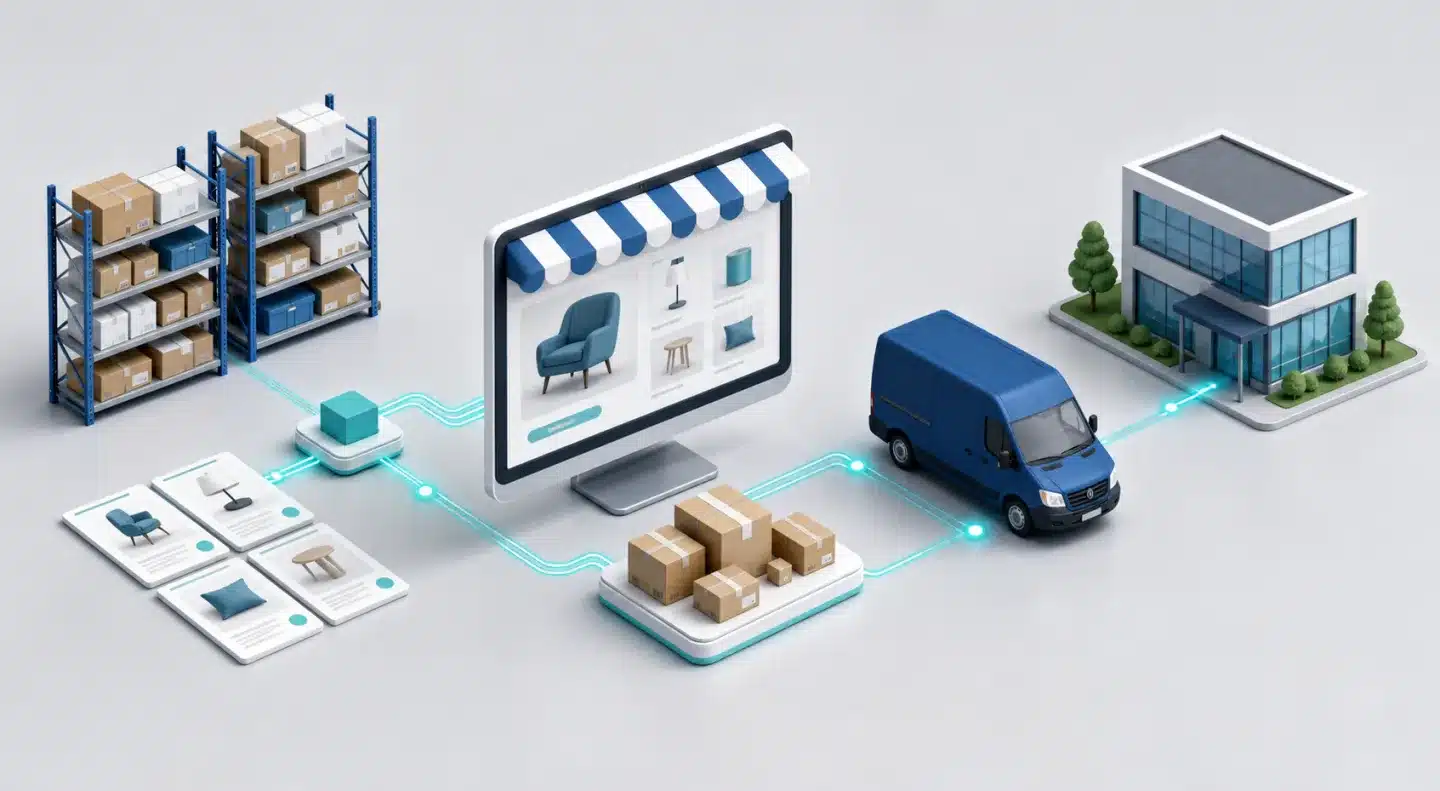 Flux dropshipping B2B automatisé entre le fournisseur, la boutique en ligne et le client